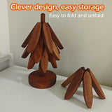 Wooden Tree Trivet Set Foldable Stand Walnut
