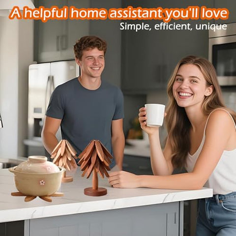 Wooden Tree Trivet Set Foldable Stand Walnut