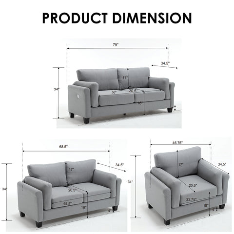 Modern Deep Seat Sofa Set 3 Pieces Living Room Furniture Set