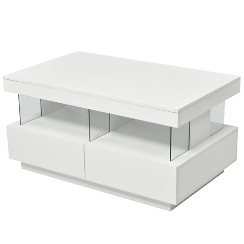 Modern Coffee Table for Living Room 39 Inch 16 Color LED Lights High Gloss Coffee Table with 2 Drawers and Open Storage Space