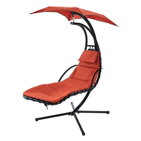 Outdoor Hanging Chaise Lounge Chair Curved Steel Outdoor Hammock Chair with Built-in Pillow and Removable Canopy