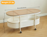 Oval Coffee Table Metal Glass Tea Table Modern Minimal 2-Tier Center Table with Storage Cabinet and Universal Wheels