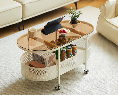 Oval Coffee Table Metal Glass Tea Table Modern Minimal 2-Tier Center Table with Storage Cabinet and Universal Wheels