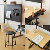 Drafting Table with Metal Peg Board Height Adjustable 0-70° Tilting Tabletop Art Desk for Adults Comes with Chair, Side Tray, and 2 Storage Drawers