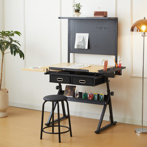 Drafting Table with Metal Peg Board Height Adjustable 0-70° Tilting Tabletop Art Desk for Adults Comes with Chair, Side Tray, and 2 Storage Drawers