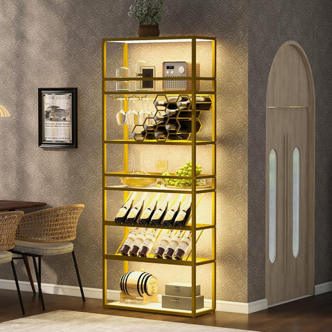 LED Tall Wine Rack Freestanding Floor 6-Tier Wine Rack With Glass Holder and Wine Storage, Wine Racks Countertop