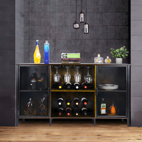 Coffee Bar Cabinet 55 Inch Wooden Farmhouse Liquor Bar Cabinet with Glass Holder & Sliding Wine Racks