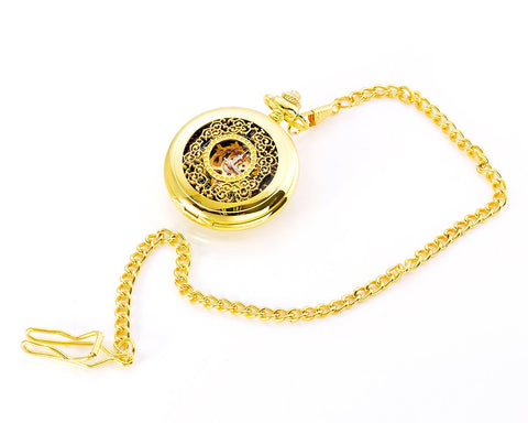 Luxury Hand Wind Mechanical Pocket Watch with Chain - Golden