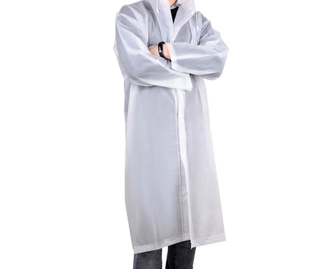 Waterproof Long Raincoat with Cap and Sleeves - White