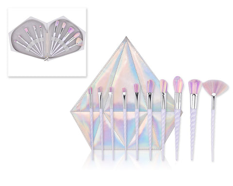 10 Pcs Professional Makeup Brush Set with Diamond Bag - Silver