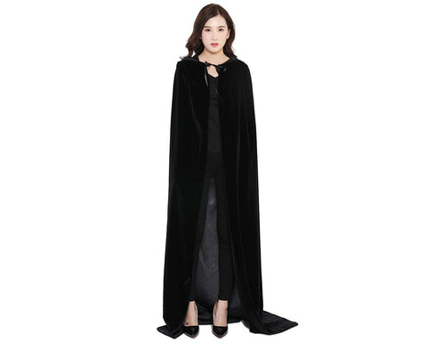 Halloween Party Costume Cloak with Hood Long Velvet Cape - Black