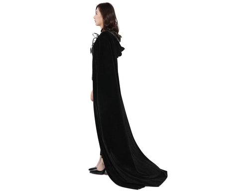 Halloween Party Costume Cloak with Hood Long Velvet Cape - Black