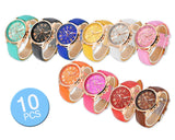 10 Pcs Geneva Unisex Gold Plated Round Leather Wrist Watches