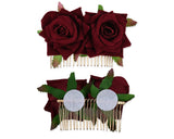 Rose Flower Hair Comb 2 Pieces Bridal Headpiece for Wedding - Wine Red