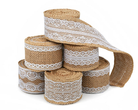 Burlap Ribbon with Lace 6 Pieces Hessian Ribbon for Crafts and Decor