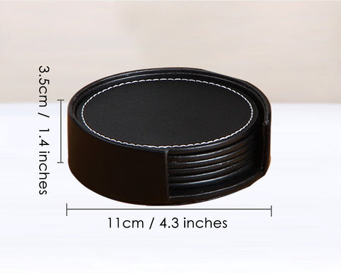 Drink Coasters 6 Pieces PU Leather Coasters with Holder - Black