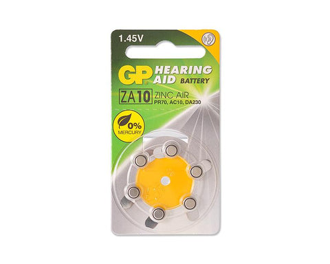 GP ZA10F Zinc Air Button Cell Hearing Aid Battery Size 10, 6 Pcs/Pack