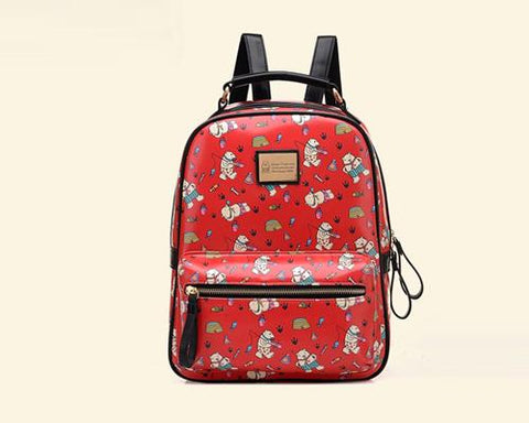 Cute Cartoon PU Leather Backpack with Built-In Handle - Red