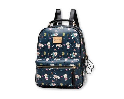 Cute Cartoon PU Leather Backpack with Built-In Handle - Navy