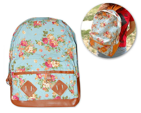 Floral Print Canvas Backpack - Blue