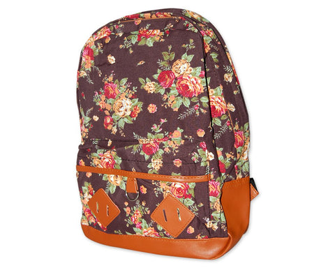 Floral Print Canvas Backpack - Deep Brown