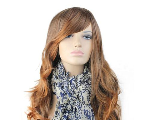 Heat Resistant Long Curly Wig with Side Swept Bangs - Brown