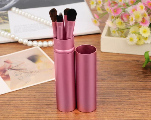 5 Pcs Professional Makeup Brush Set with Cyclinder Tube - Pink