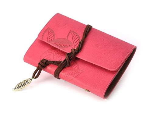 Leaf Pattern Leather Card Holder - Red