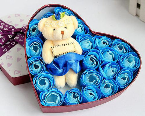 20 Pcs Heart Shaped Scented Rose Petal Bath Soap with Little Bear - Blue