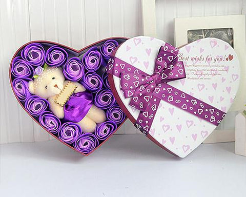 20 Pcs Heart Shaped Scented Rose Petal Bath Soap with Little Bear - Purple