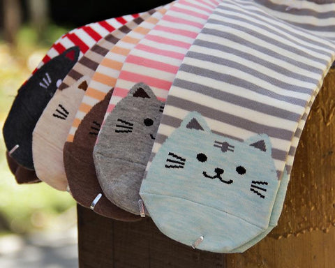 6 Pairs Cat Pattern Cotton Socks Stripe Socks