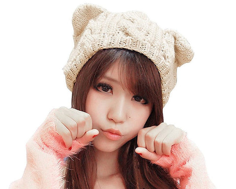 Korean Style Women Winter Cat Ear Knit Hat - Beige