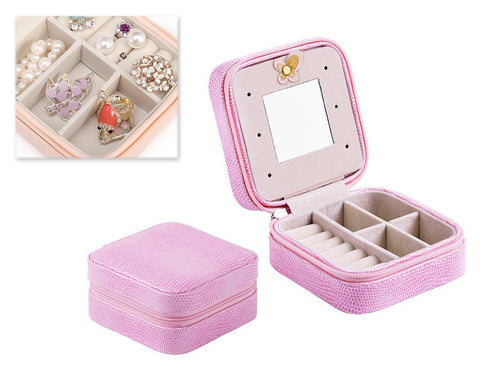 Simple and Small Travel Jewelry Box Organizer with Mirror - Pink