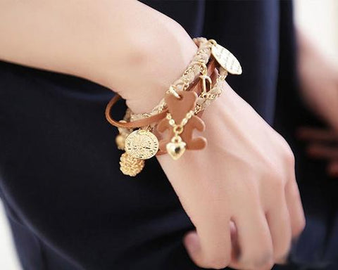 Teddy Bear Pendant Light Brown Leather Bracelet