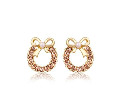 Sweet Ribbon Crystal Pearl Earrings Studs for Women