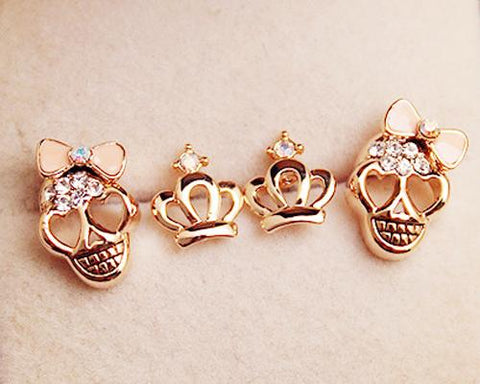 Lovely Skull and Crown Stud Earrings