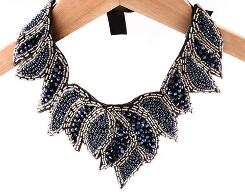 Vintage Leaf Black Beaded Collar Necklace