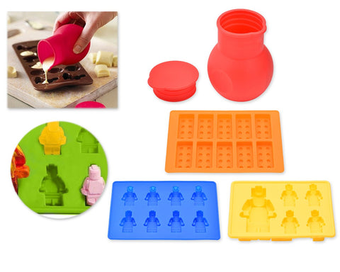 Minifigures (Not Lego) & Blocks Silicone Bakeware Mold Melting Pot Set