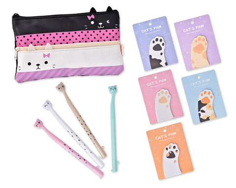 Funny Cats Stationery Set with Pencil Case, Pens and Sticky Notes - A