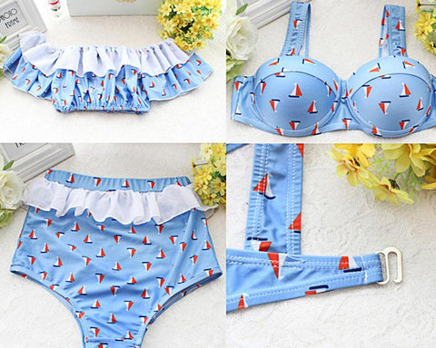 3 Pcs Blue High Waist Bikini Set with Off-the-Shoulder Cover Up