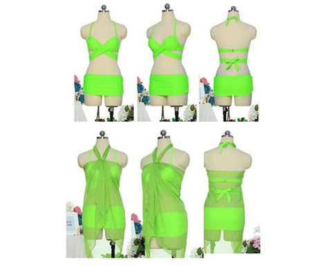 Solid Color Bandage Halter Bikini Set with Cover Up Sarong - Green