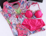 3 Pcs Floral Swimsuit Set with Tropical Cover Up Blouse - Magenta