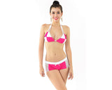 Color Block Lace Up Halter Bikini Set - Magenta