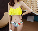 Yellow Ruffle Halter Bikini with Floral Bottom Set