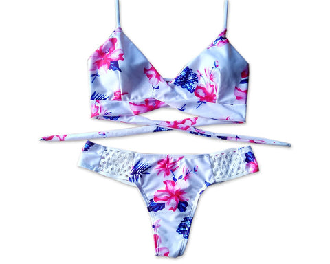 Wireless Floral Printed Halter Bikini Set - White