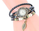 6 Pcs Retro Leaf Women Weave Wrap Leather Bracelet Wrist Watches