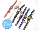 6 Pcs Retro Leaf Women Weave Wrap Leather Bracelet Wrist Watches