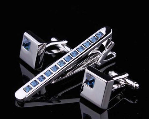 Chic Crystal Cufflinks and Tie Clip Set - Blue